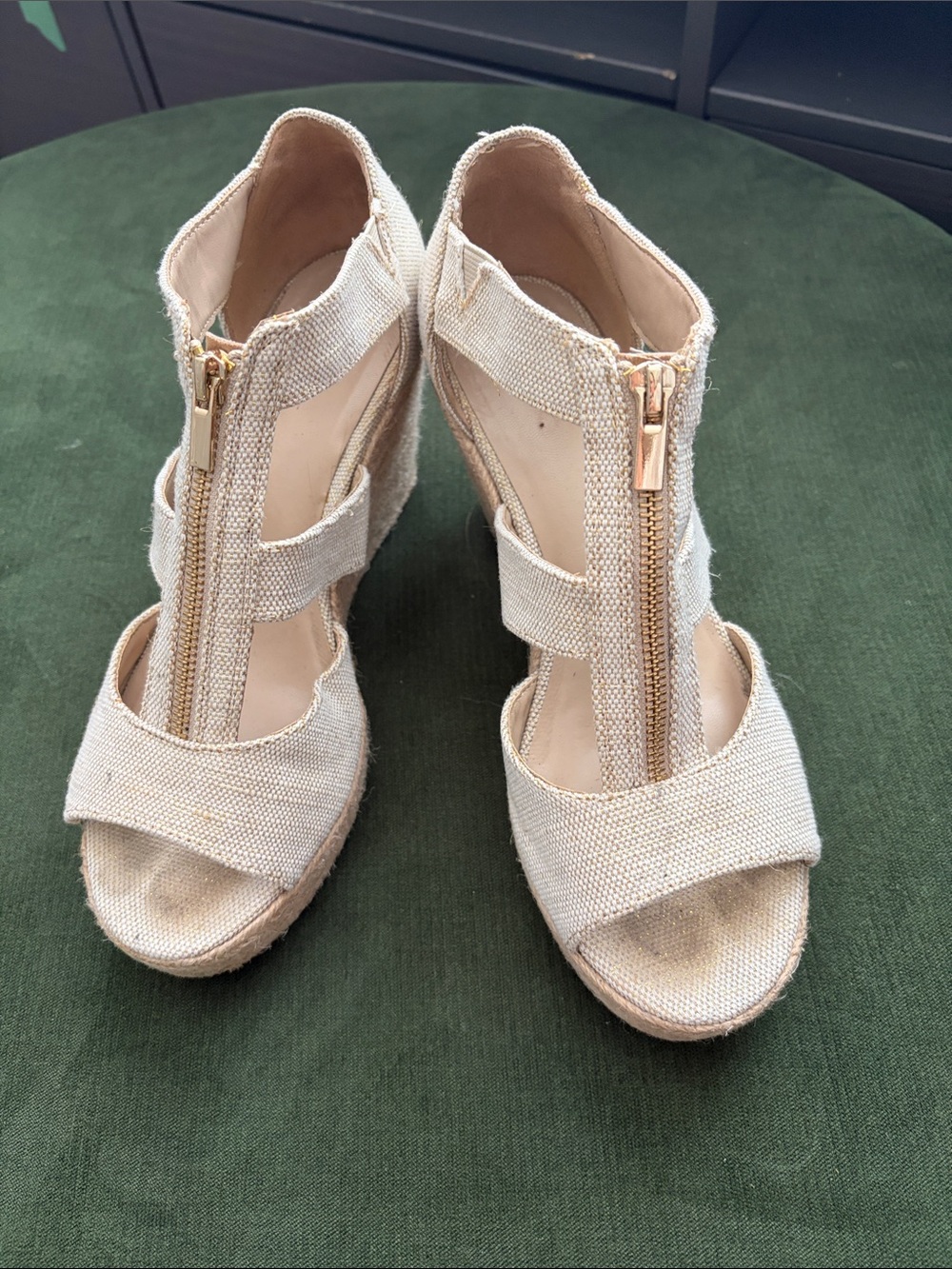Women's Beige Linen Wedge Sandals with Front Zip